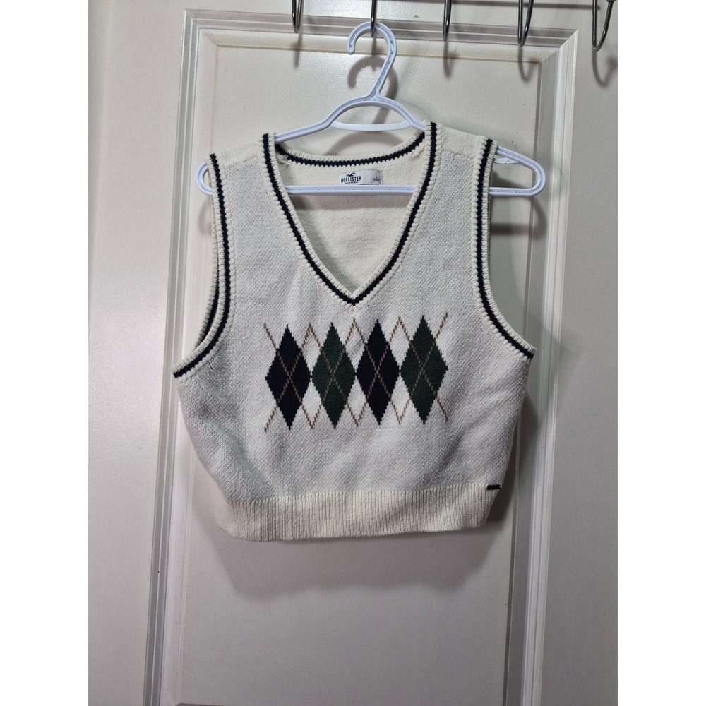 Hollister Womens Argyle Sweater Vest White Navy‎ Green V-Neck Cropped Large